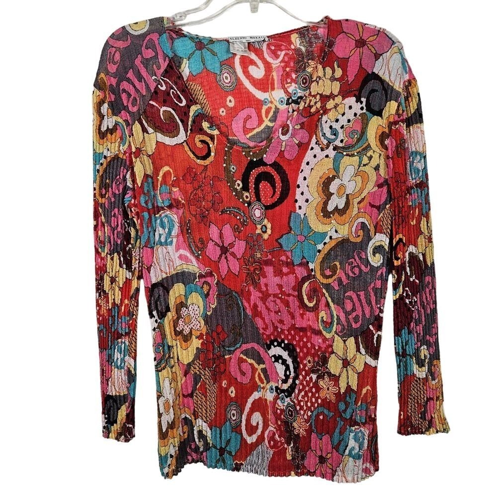 Alberto Makali Top Women M Red Multi Color Floral Plisse Sequin Artsy Y2K Whimsy